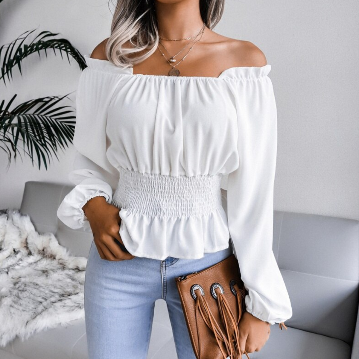 Tess - White Shirred Off The Shoulder Peplum Top - Model Mannequin