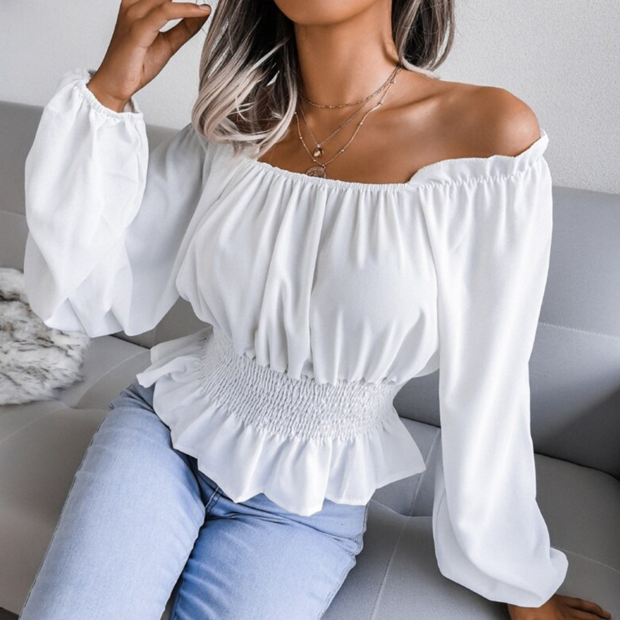 Tess - White Shirred Off The Shoulder Peplum Top - Model Mannequin