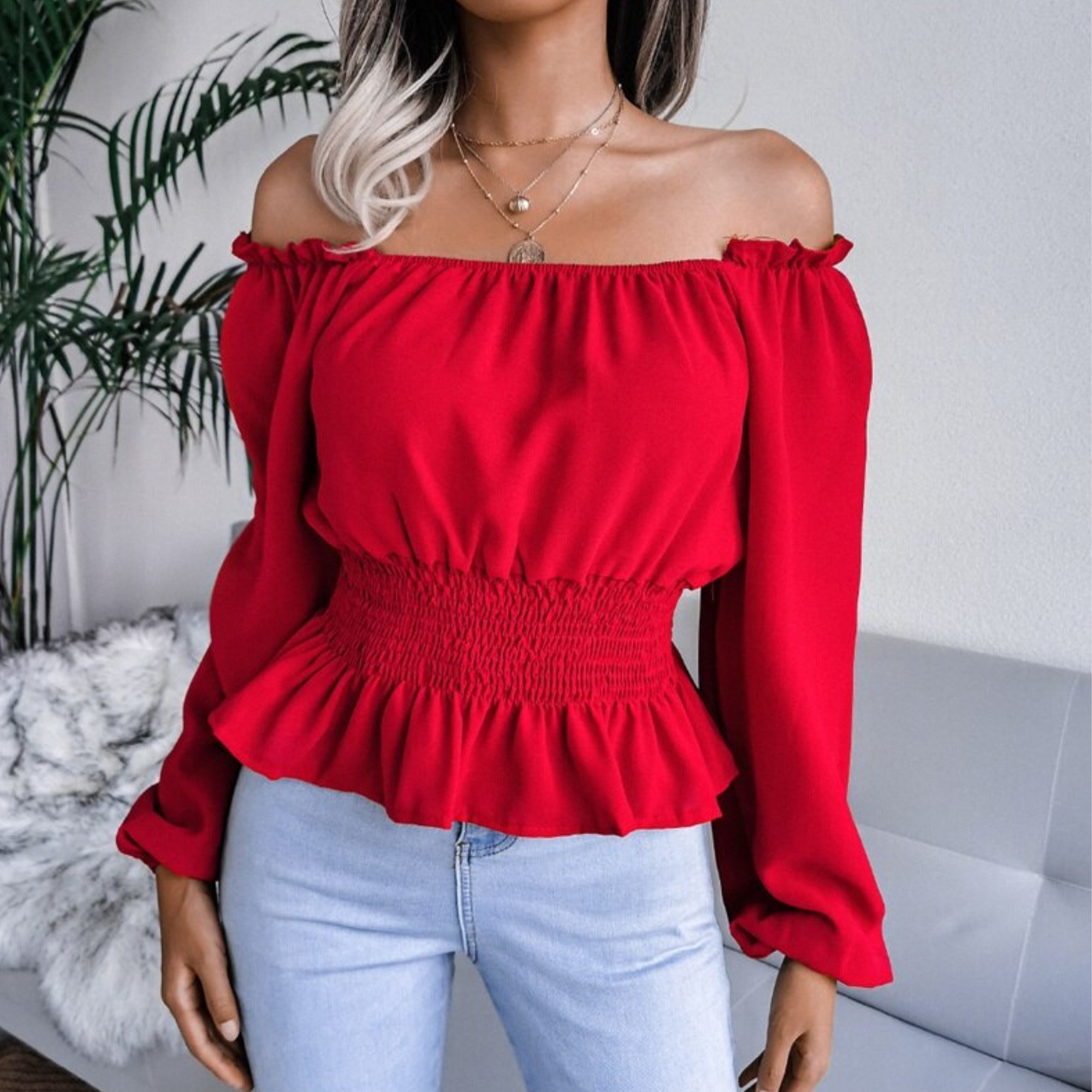 Tess - Red Shirred Off The Shoulder Peplum Top - Model Mannequin