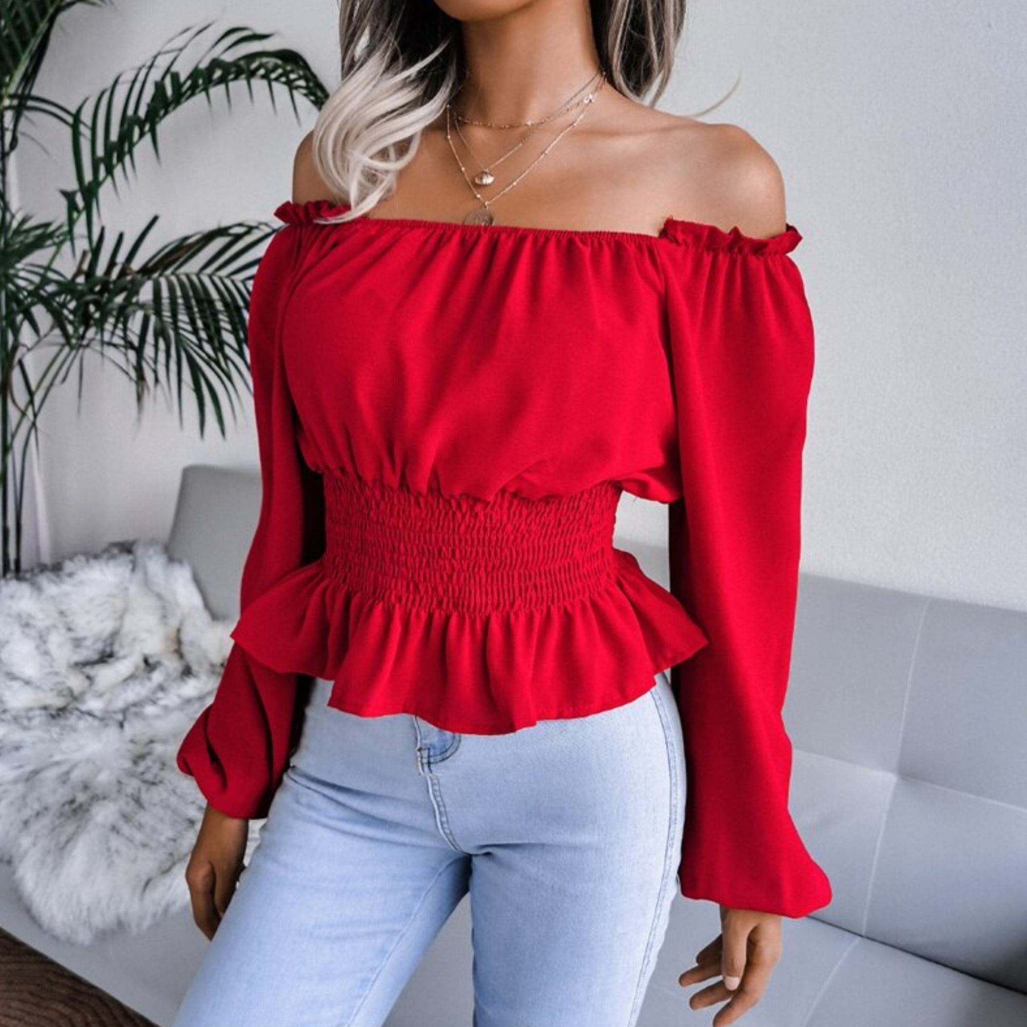 Tess - Red Shirred Off The Shoulder Peplum Top - Model Mannequin