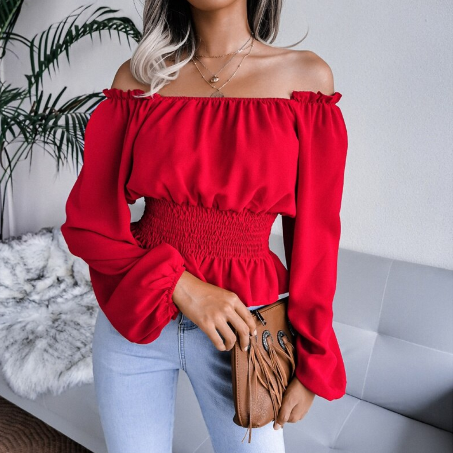 Tess - Red Shirred Off The Shoulder Peplum Top - Model Mannequin
