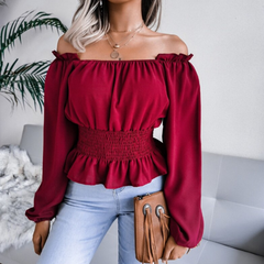 Tess - Burgundy Shirred Off The Shoulder Peplum Top - Model Mannequin