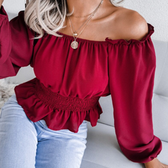 Tess - Burgundy Shirred Off The Shoulder Peplum Top - Model Mannequin