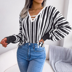 Mariah - White & Black Striped V Neck Top - Model Mannequin