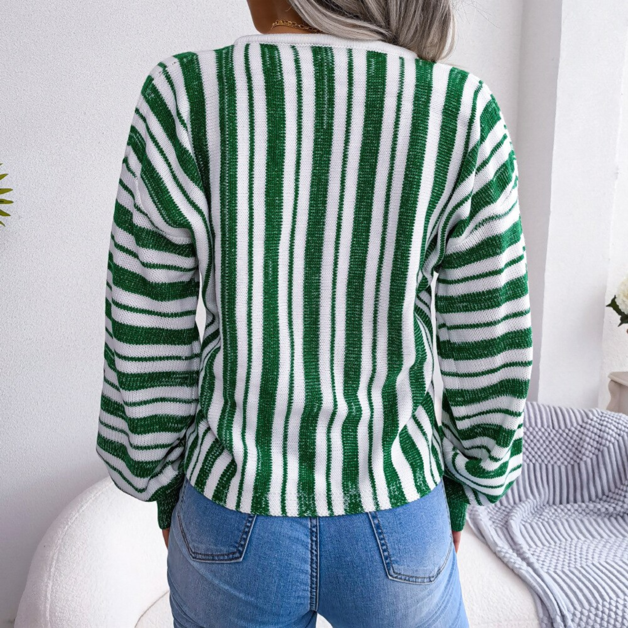 Mariah - White & Green Striped V Neck Top - Model Mannequin