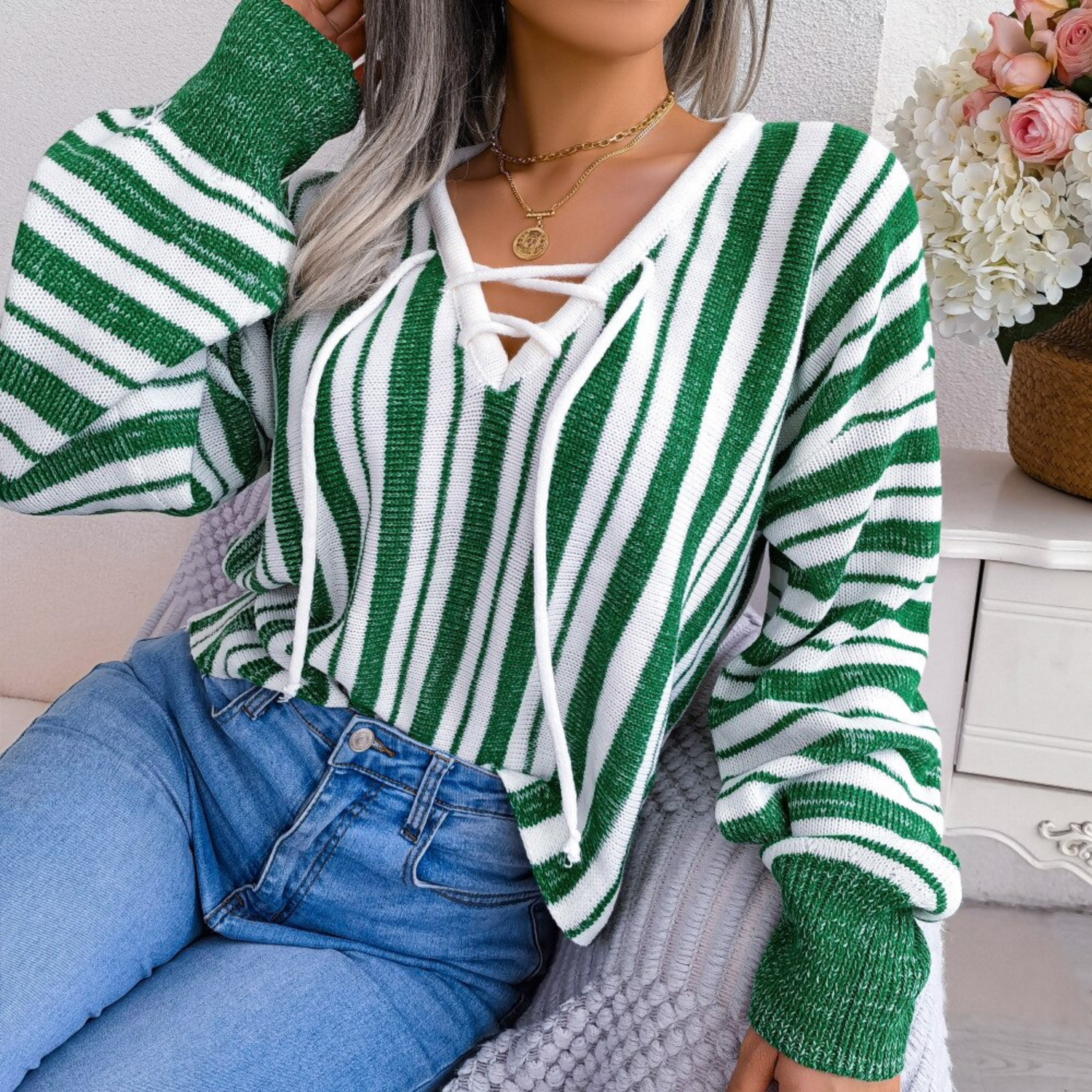 Mariah - White & Green Striped V Neck Top - Model Mannequin