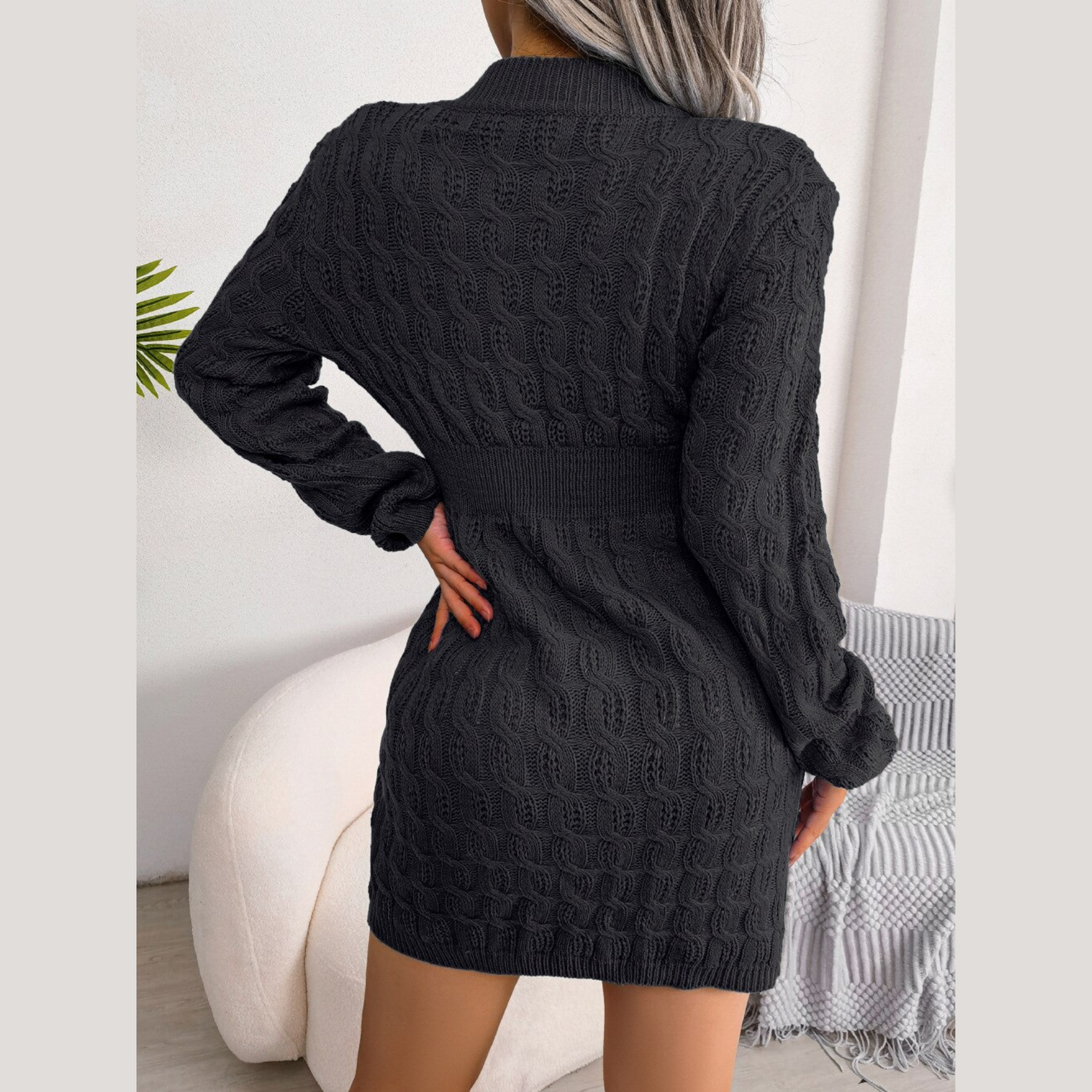 Samara - Black Cable Knit Mini Sweater Dress - Model Mannequin