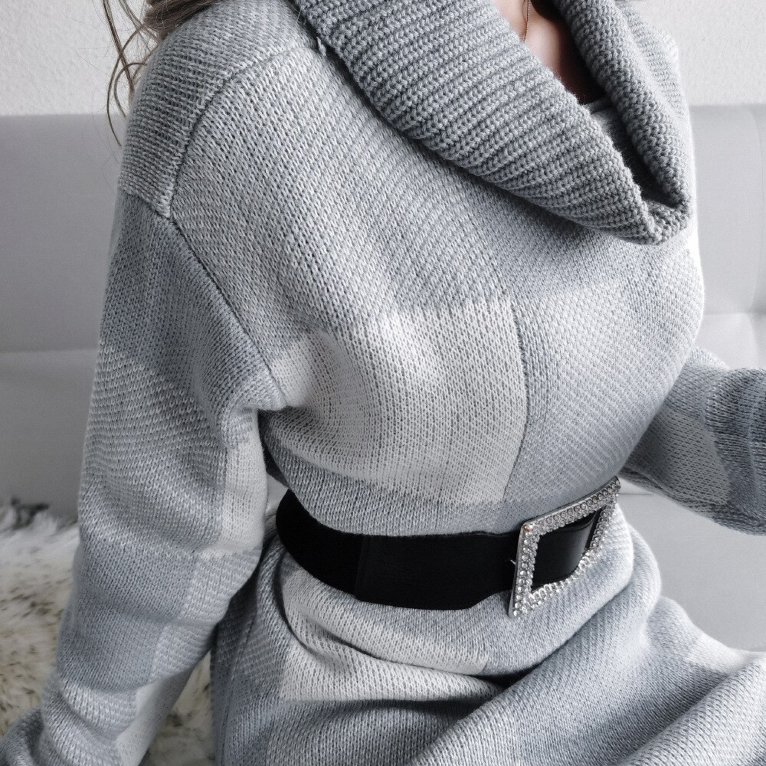 Heidi - Gray Checked Mini Sweater Dress - Model Mannequin