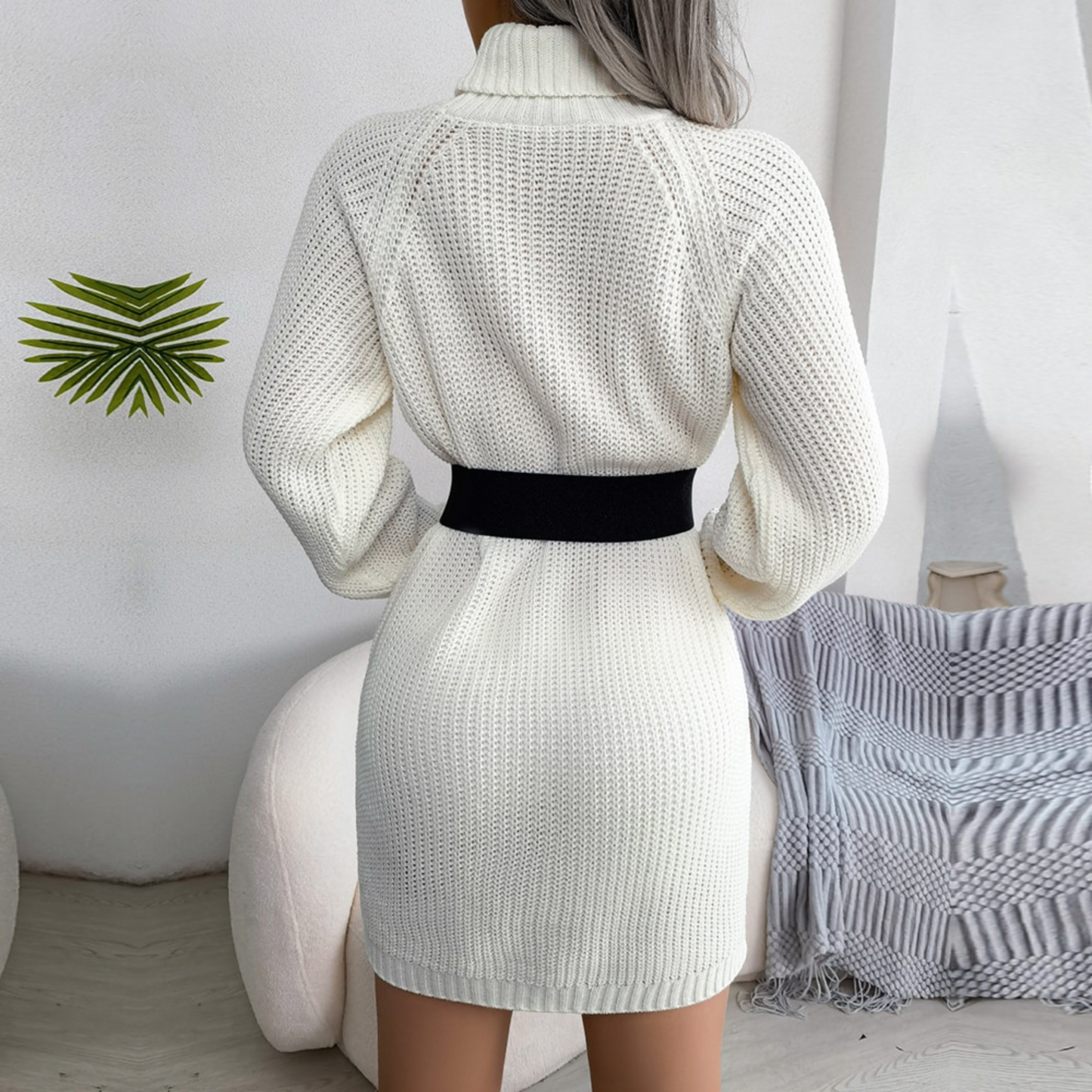 Poppy - White Turtleneck Mini Sweater Dress - Model Mannequin