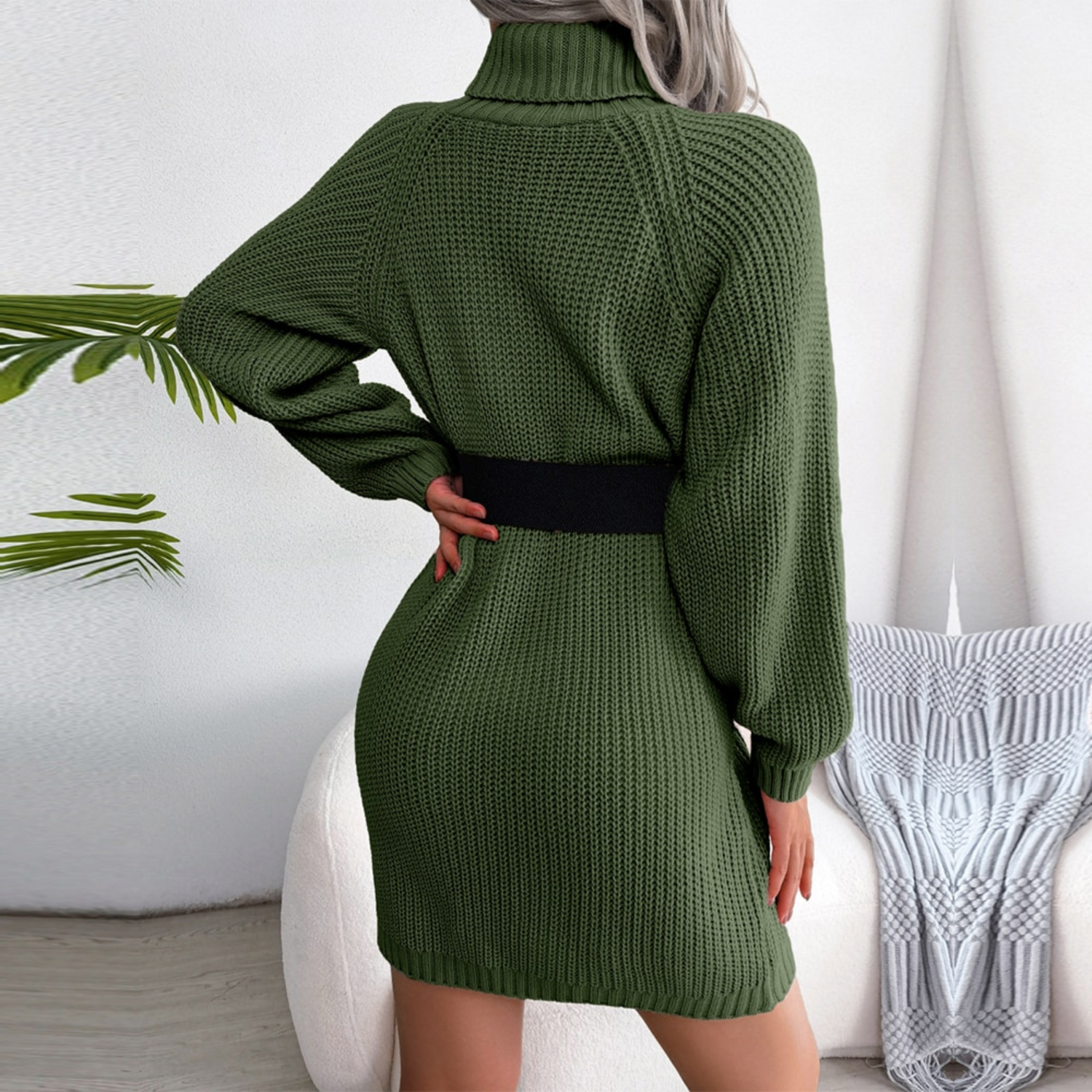 Poppy - Green Turtleneck Mini Sweater Dress - Model Mannequin