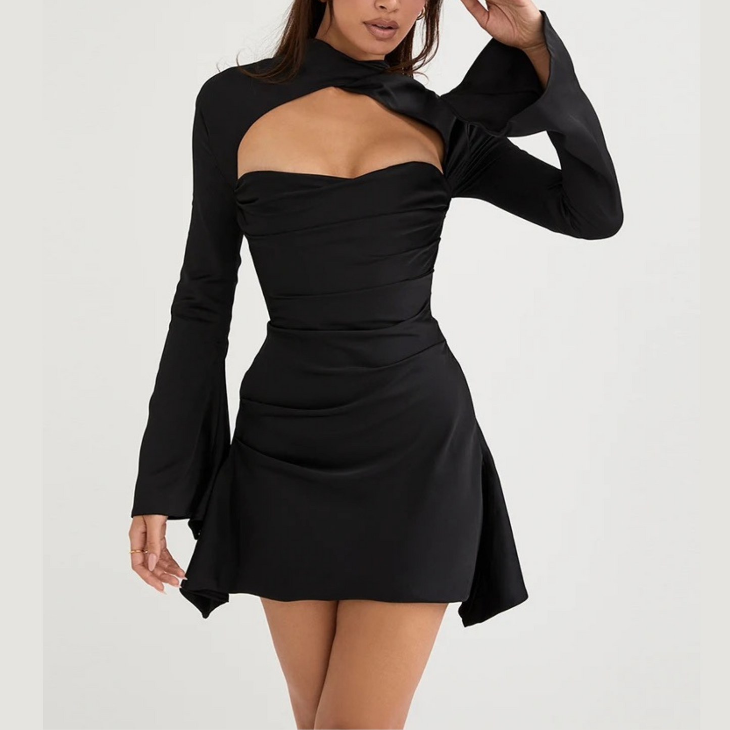 Andrea - Black Draped Satin Mini Dress - Model Mannequin