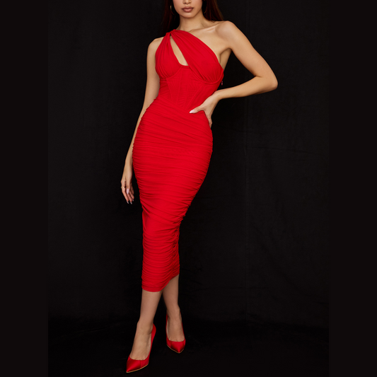 Miracle- Red Ruched Mesh Bodycon Maxi Dress - Model Mannequin