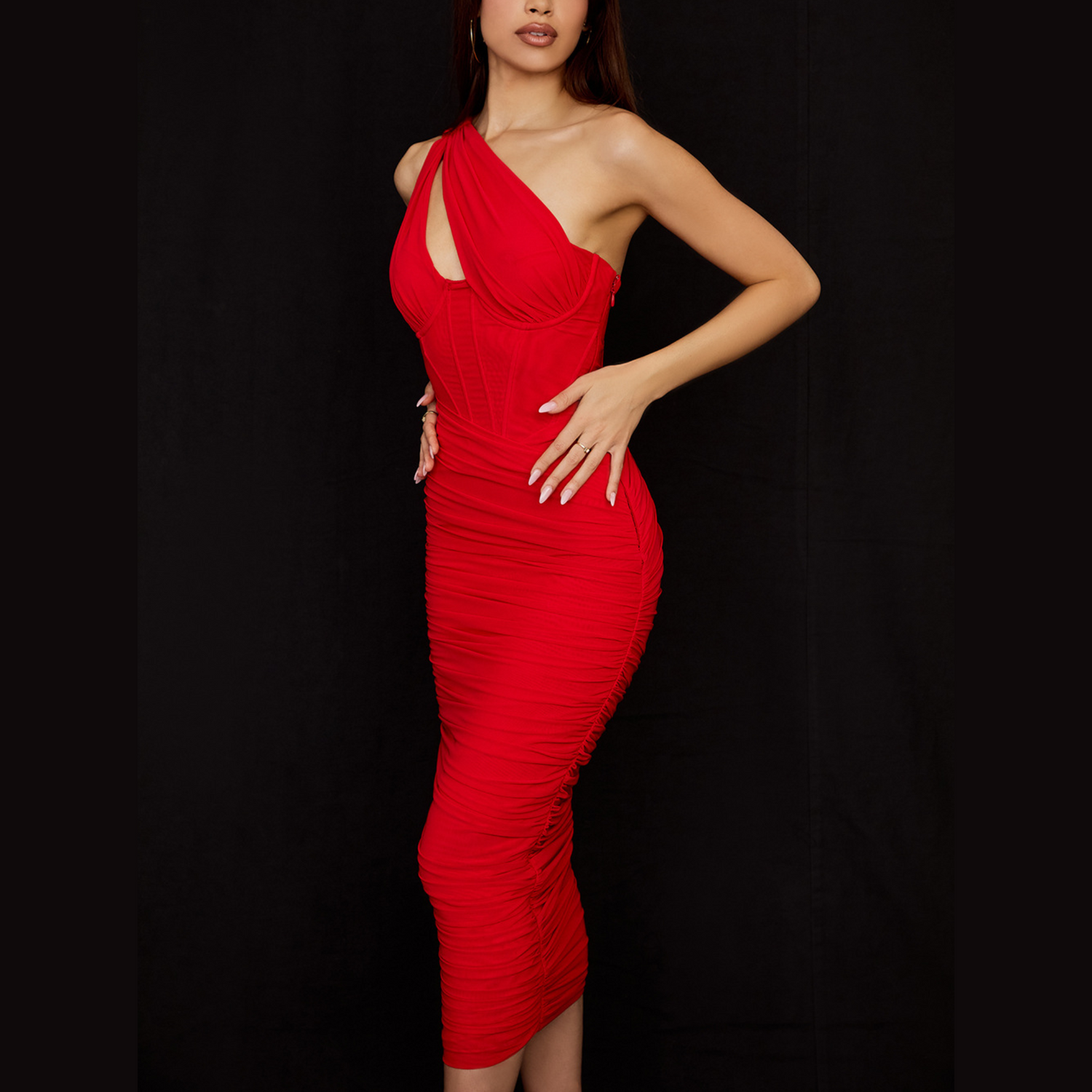 Miracle- Red Ruched Mesh Bodycon Maxi Dress - Model Mannequin