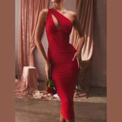 Miracle- Red Ruched Mesh Bodycon Maxi Dress - Model Mannequin