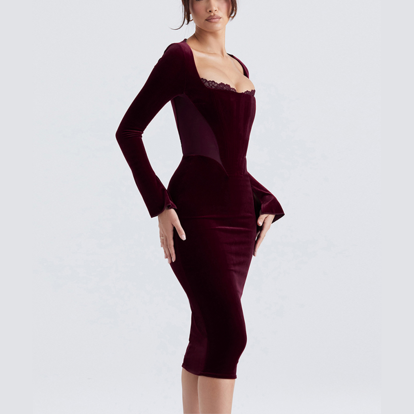 Allie - Burgundy Velvet Midi Bodycon Dress