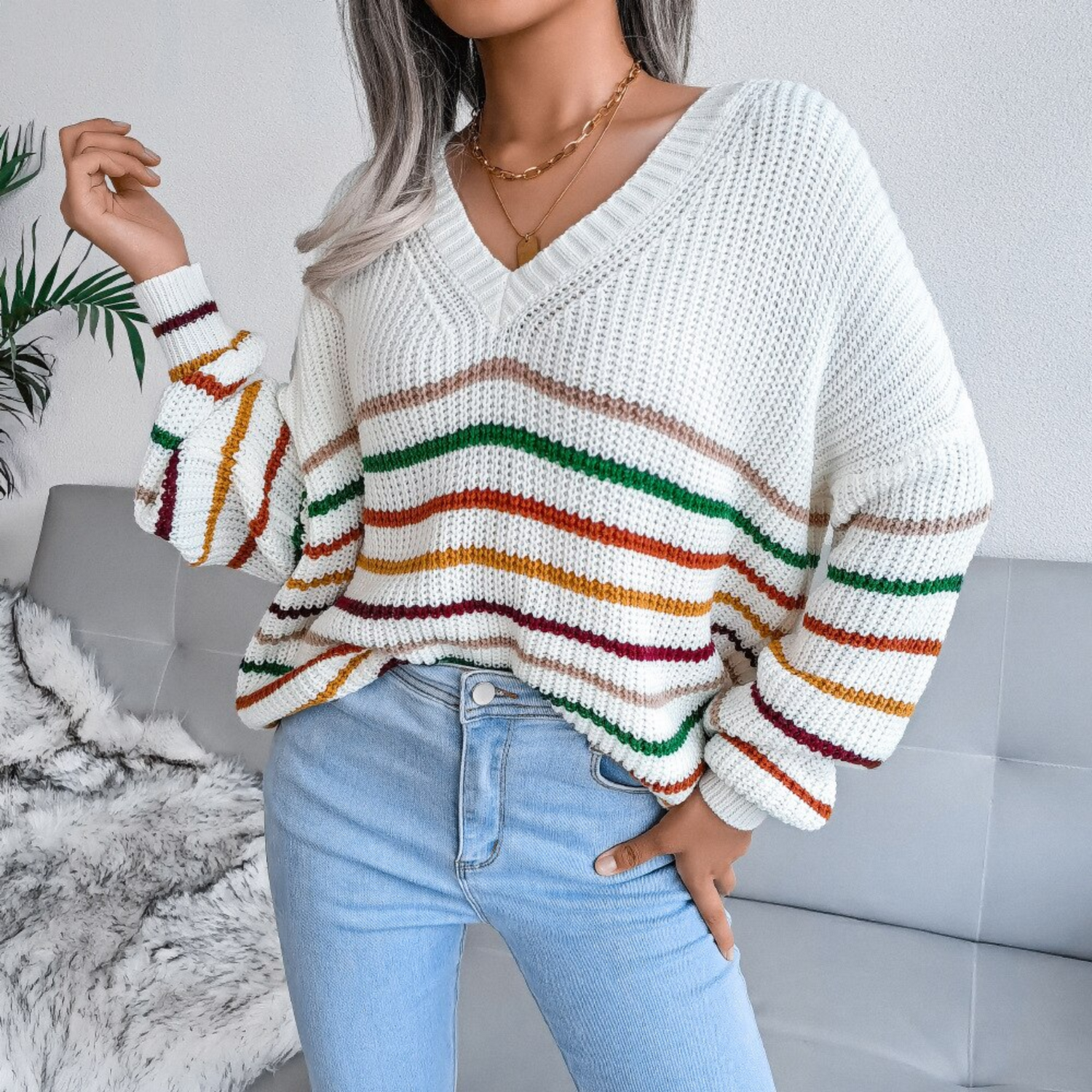 White striped v neck top sweater