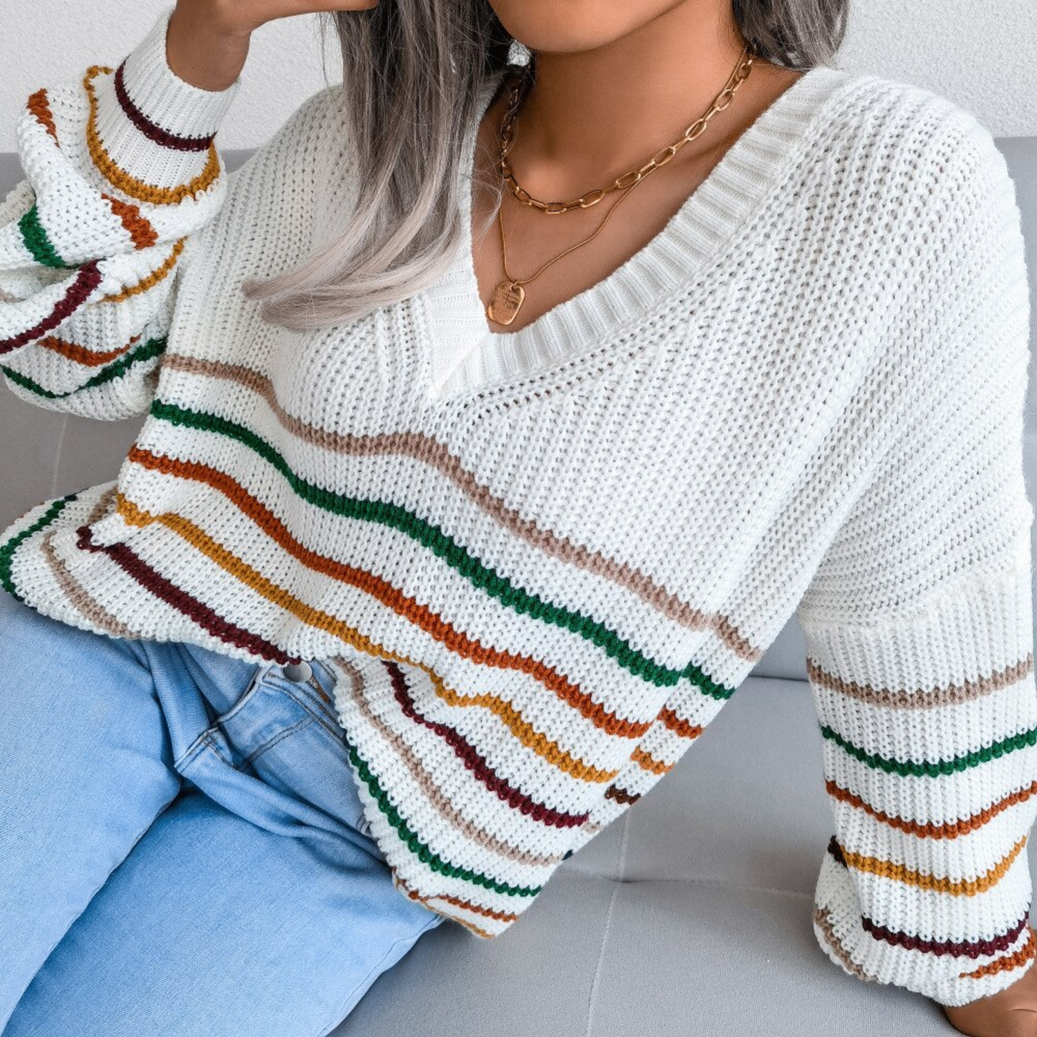 White Striped V Neck Sweater Top