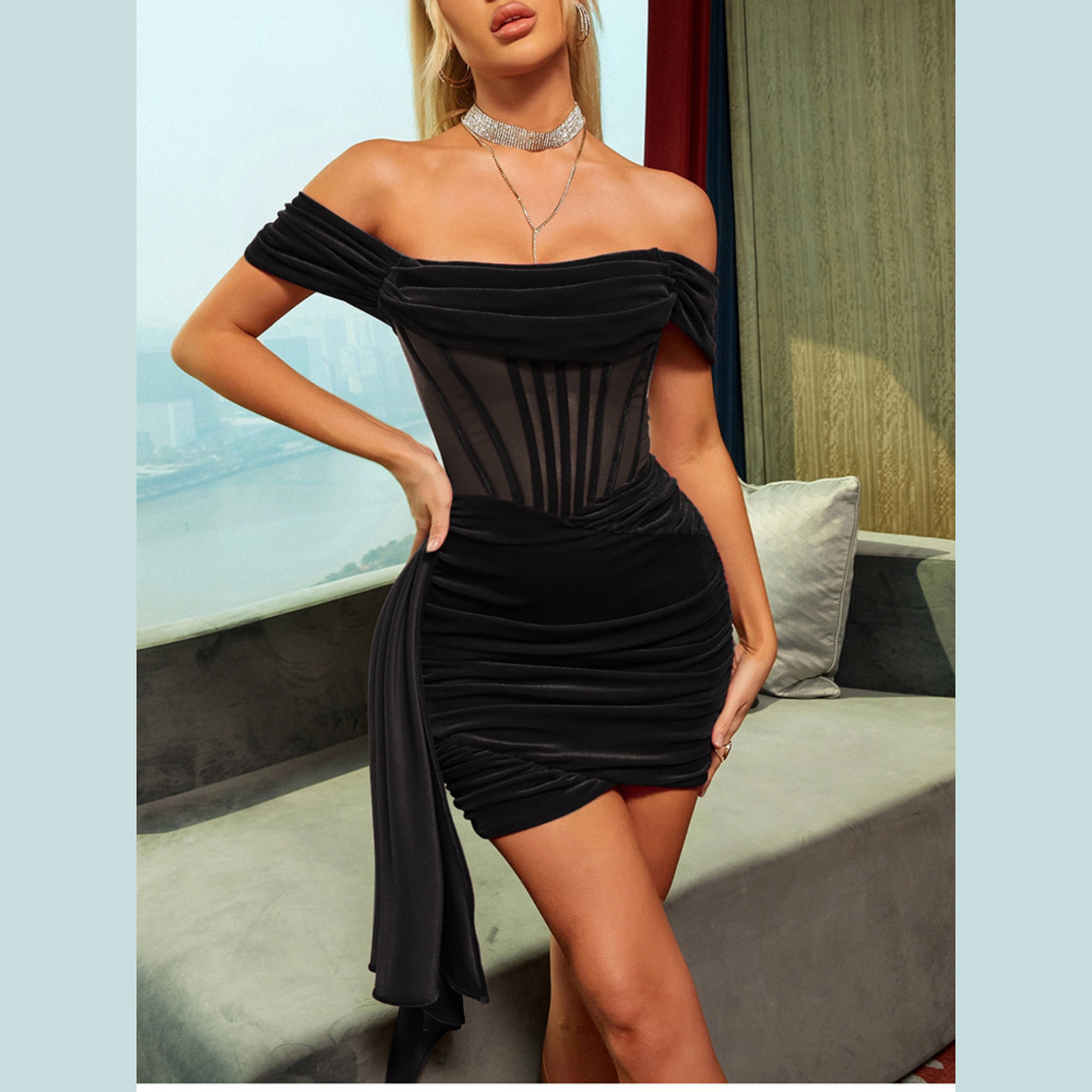 Ava - Black Off The Shoulder Drape Velvet Mini Dress