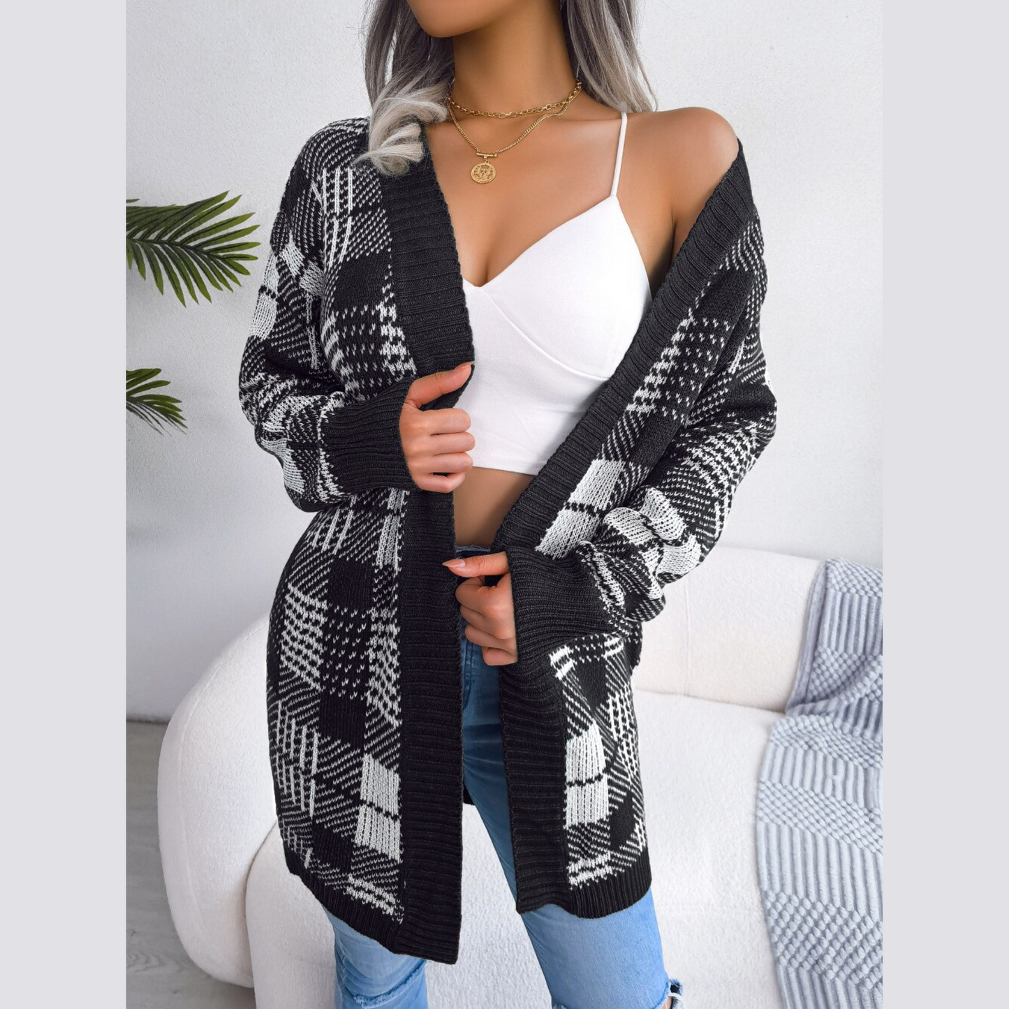 Lana - Black Knitted Plaid Belted Cardigan