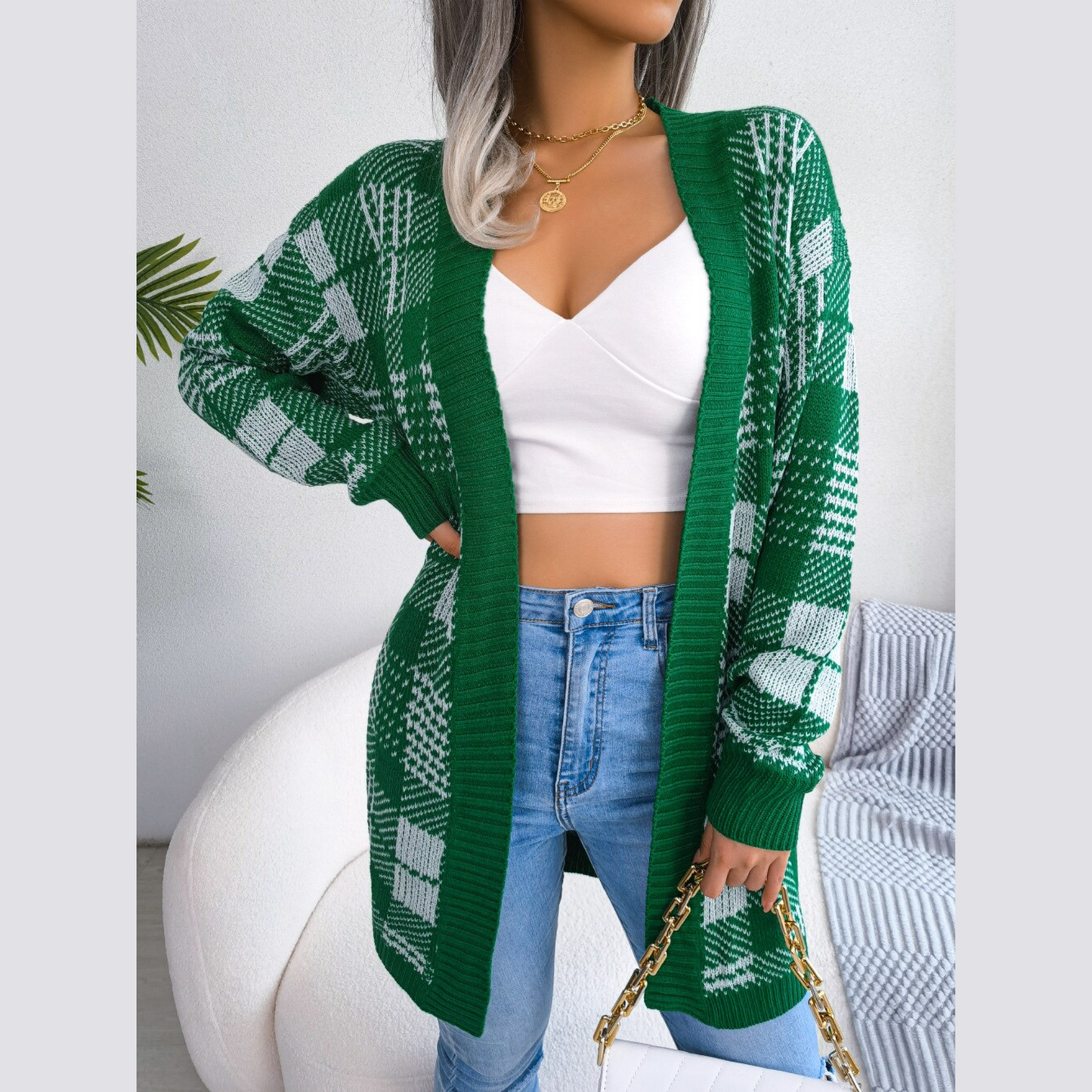 Lana - Green Knitted Plaid Belted Cardigan