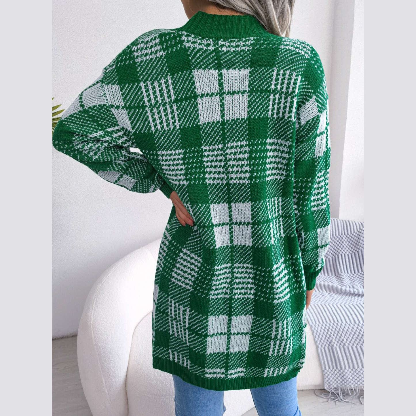 Lana - Green Knitted Plaid Belted Cardigan