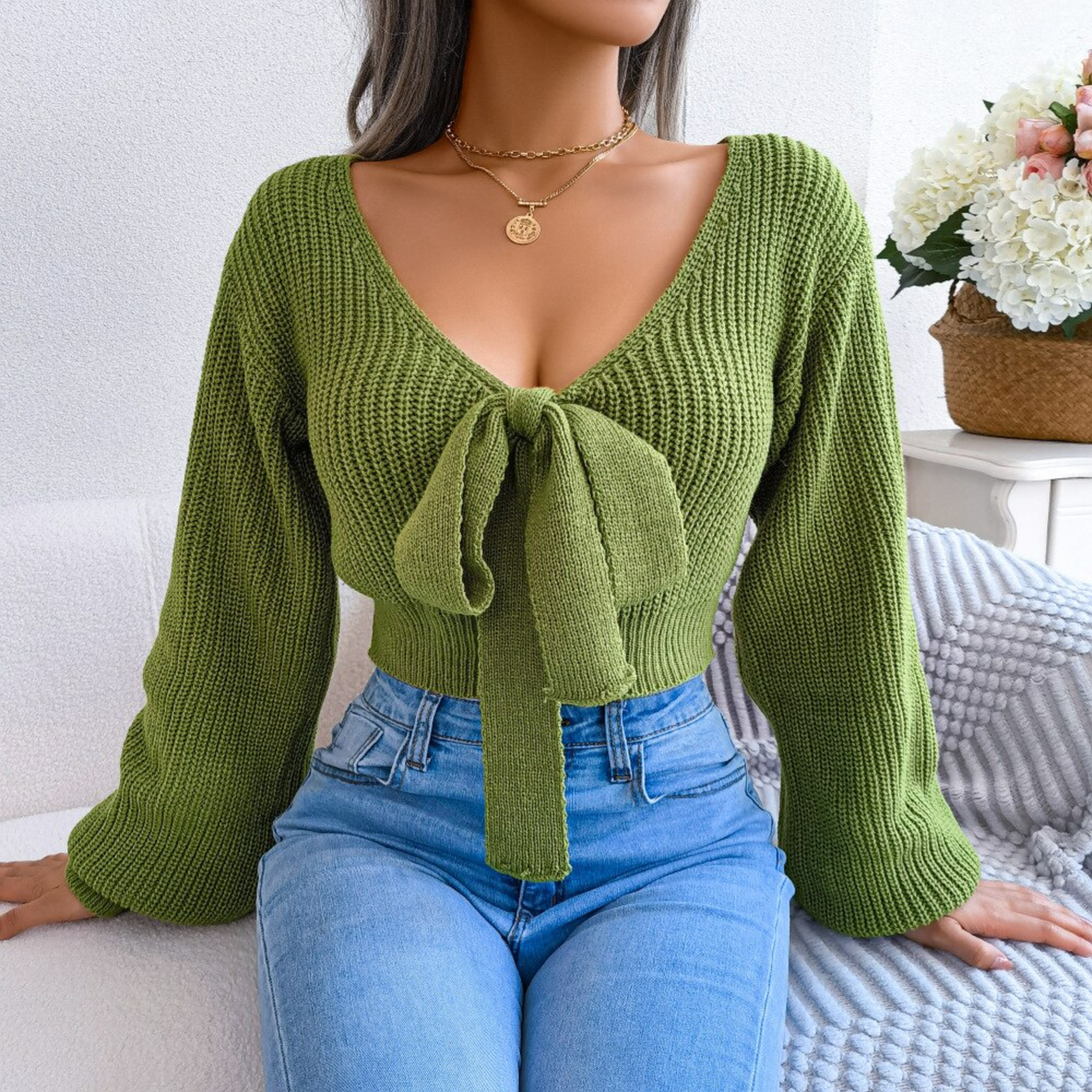 Birdie - Green V-Neck-Bow Cropped Top