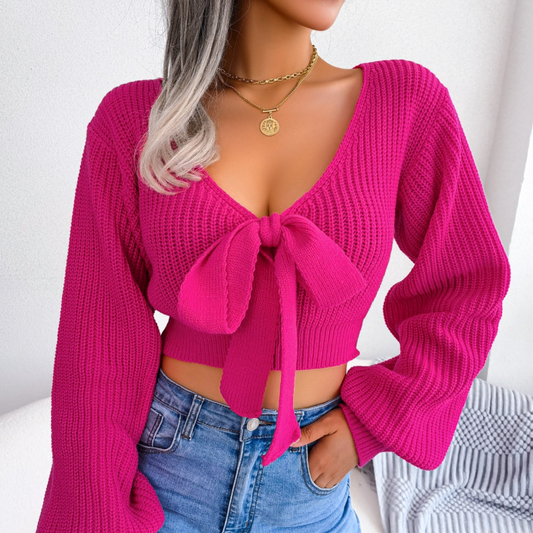 Birdie - Pink V-Neck-Bow Cropped Top