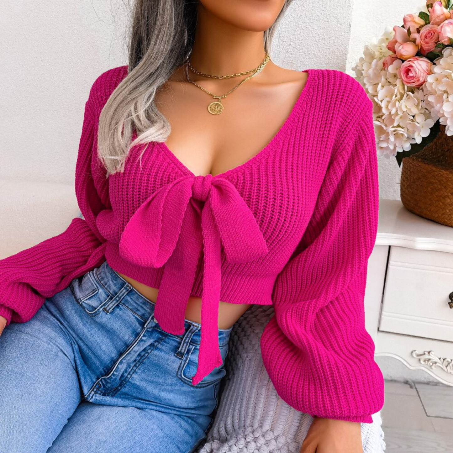 Birdie - Pink V Neck Bow Cropped Top