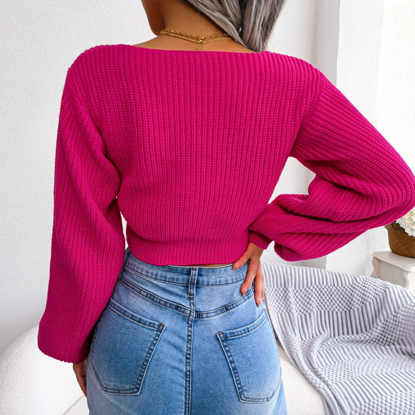 Birdie - Pink V-Neck-Bow Cropped Top