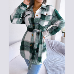 Vivian - Green Plaid Belted Long Sleeves Coat