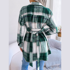 Vivian - Green Plaid Belted Long Sleeves Coat