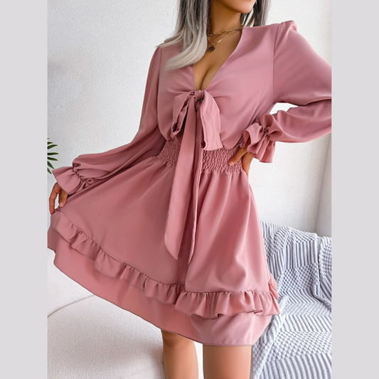 Sadie -  Pink Smocked Waist Ruffle Mini Dress
