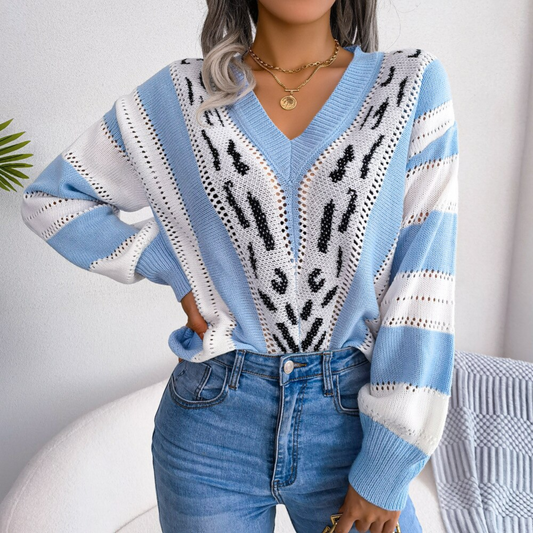 Harmony - Blue Knitted Leopard Print Paneled Sweater Top