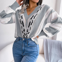 Harmony - Gray Knitted Leopard Print Paneled Sweater Top