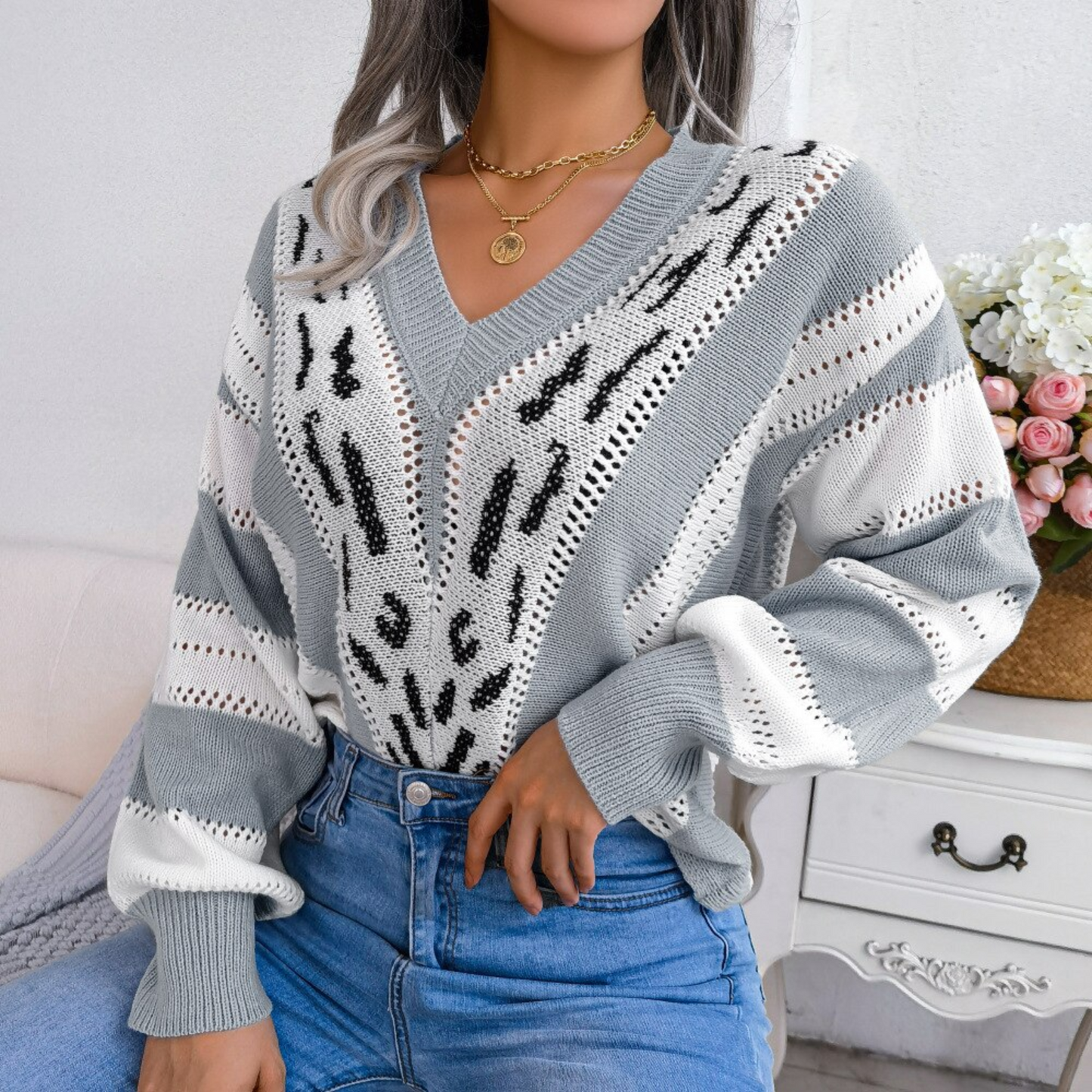Harmony - Gray Knitted Leopard Print Paneled Sweater Top