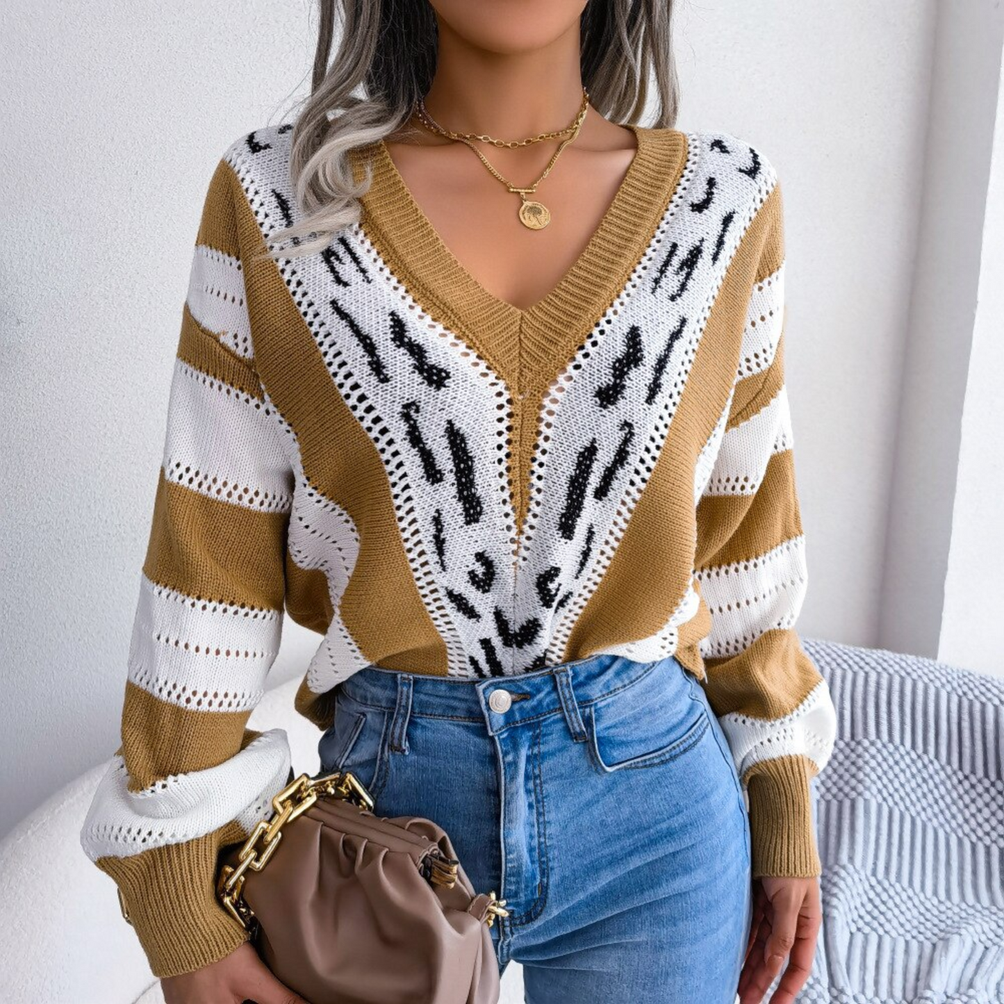 Harmony - Beige Knitted Leopard Print Paneled Sweater Top