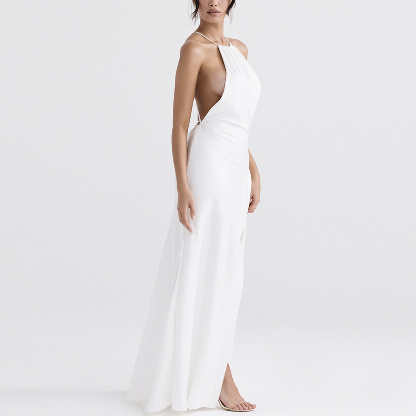 Sarita - White Satin Backless Halter Neck Maxi Dress