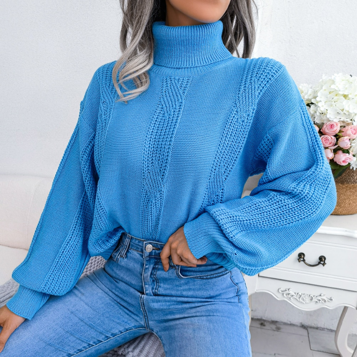 Mylah - Blue Turtleneck Long Sleeve Sweater