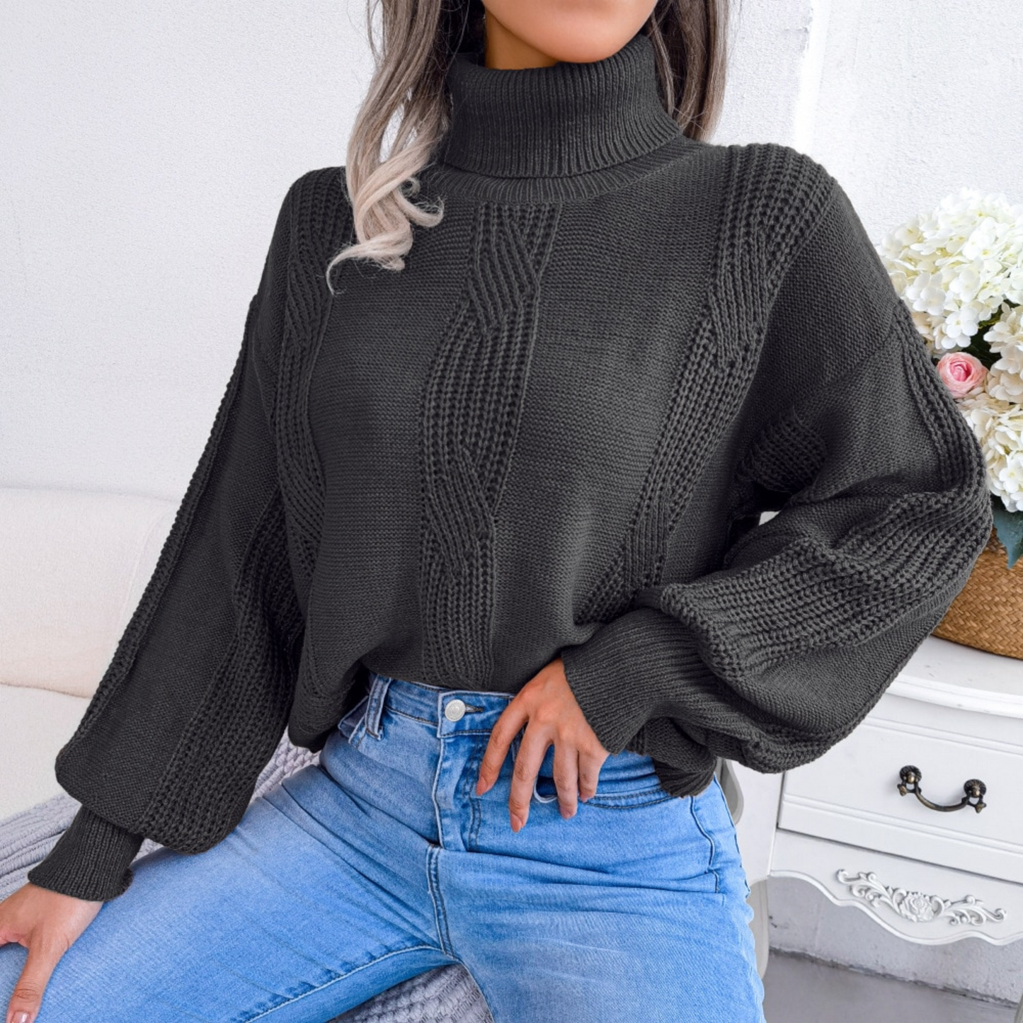Mylah - Black Turtleneck Long Sleeve Sweater