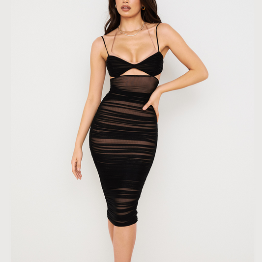 Arleth - Black Mesh Ruched Midi Bodycon Dress