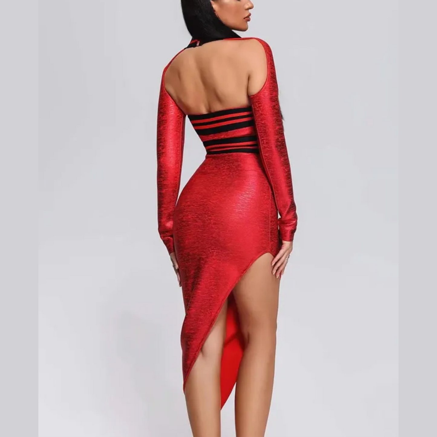 Elia - Metallic Red Striped Halter Bandage Dress