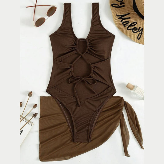 Brown Two Piece Lace Up Swimsuit Set - Model Mannequin