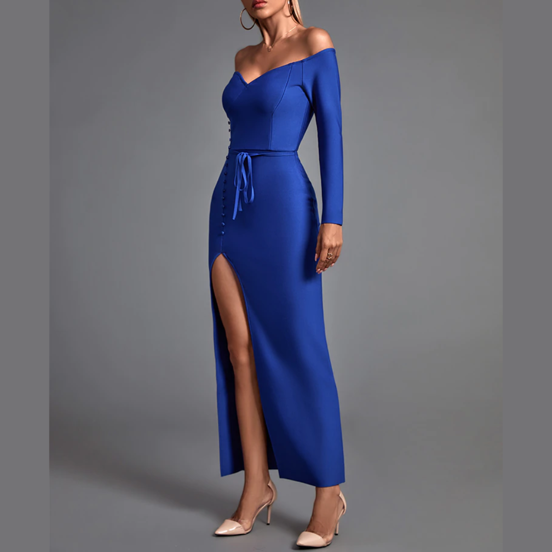 Belinda - Blue Off The Shoulder Maxi Bandage Dress - Model Mannequin
