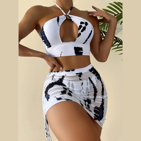 Bria - White Three Piece Halter Bikini Set With Cover-up Skirt - Model Mannequin