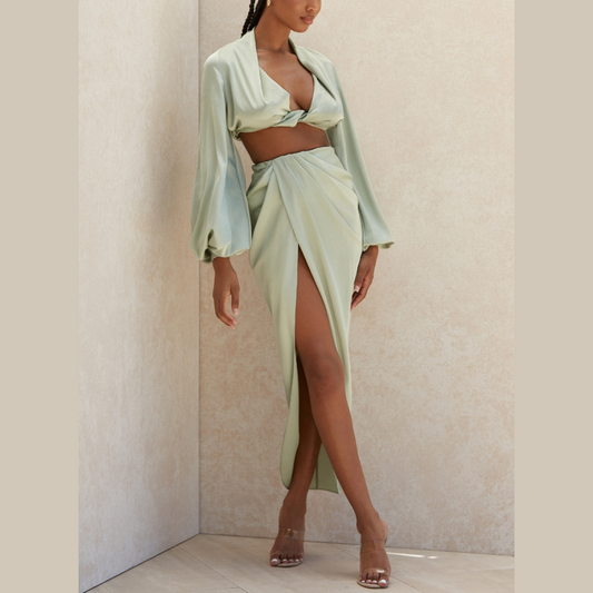 Shannon - Green Two Piece Draped Satin Set - Model Mannequin