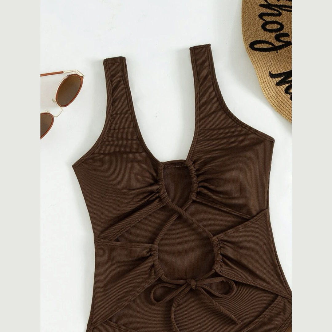 Brown Two Piece Lace Up Swimsuit Set - Model Mannequin