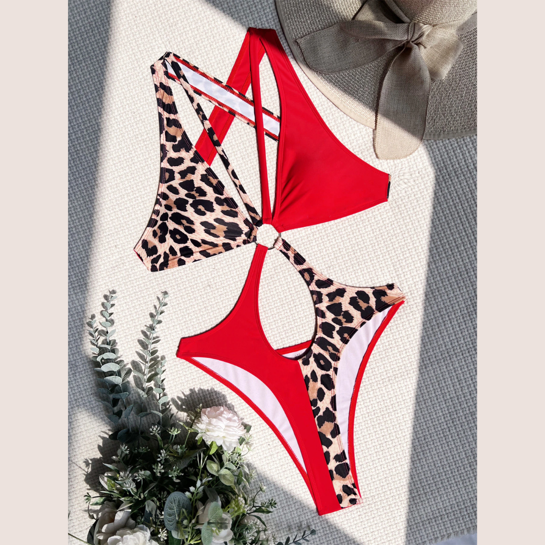 Red Leopard Print Crisscross Monokini - Model Mannequin