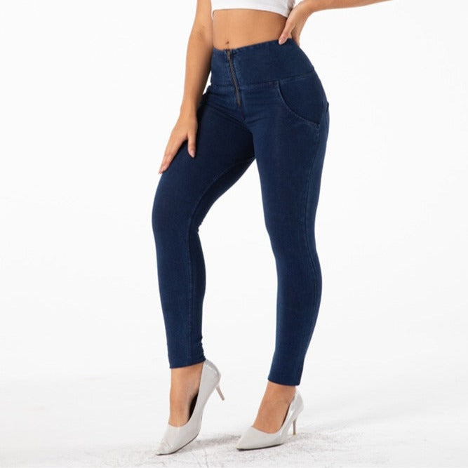 Cheeky Dark Blue High Waist Zip Front Jeggings - Model Mannequin