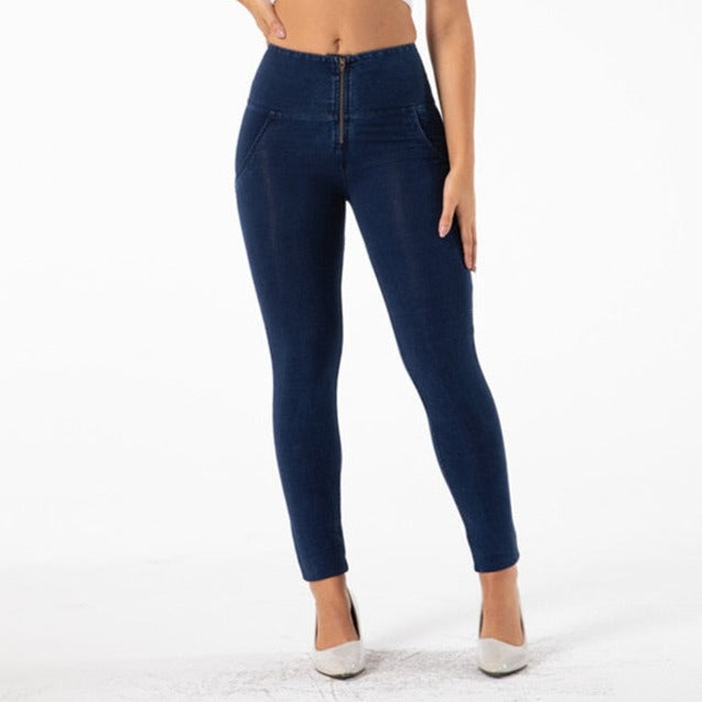 Cheeky Dark Blue High Waist Zip Front Jeggings - Model Mannequin