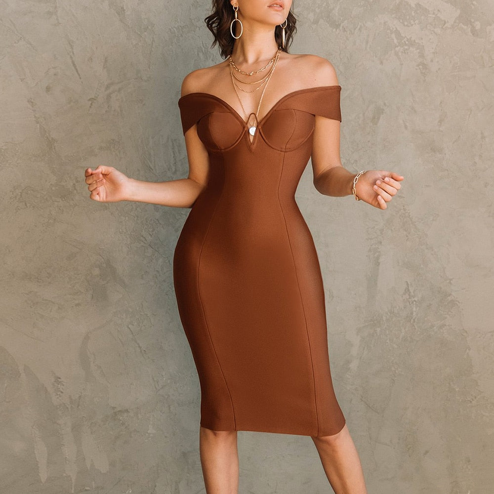 Eva - Brown Off The Shoulder Bandage Dress - Model Mannequin